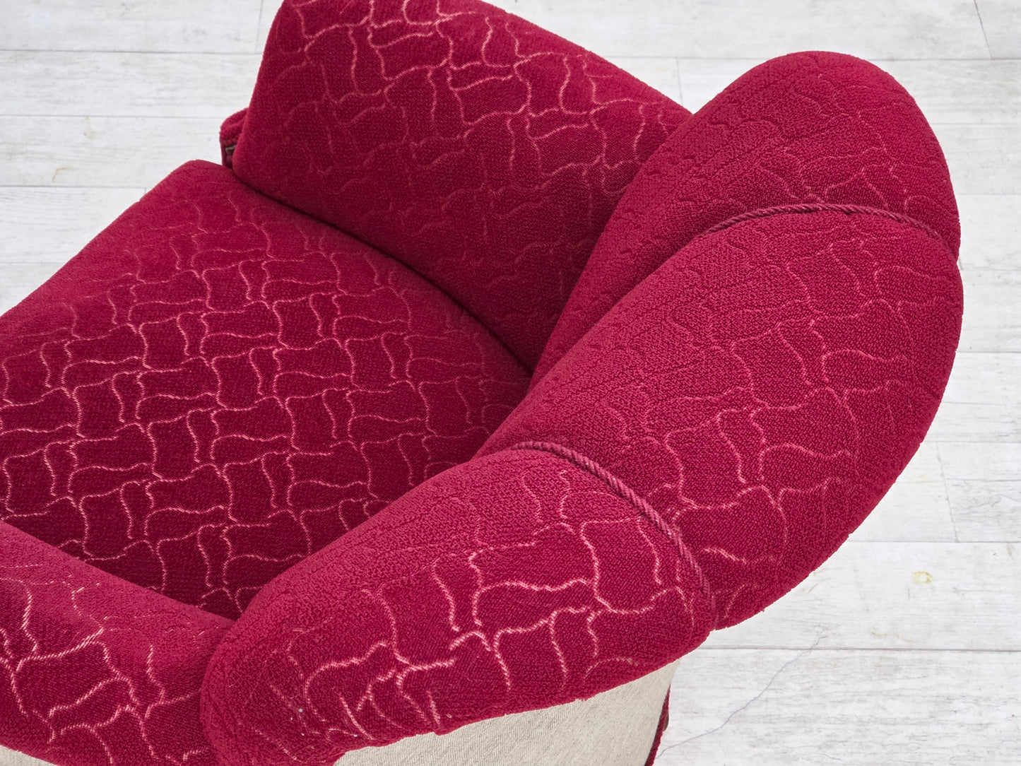 1950s, Danish armchair, red and light grey furniture wool, carved oak wood.