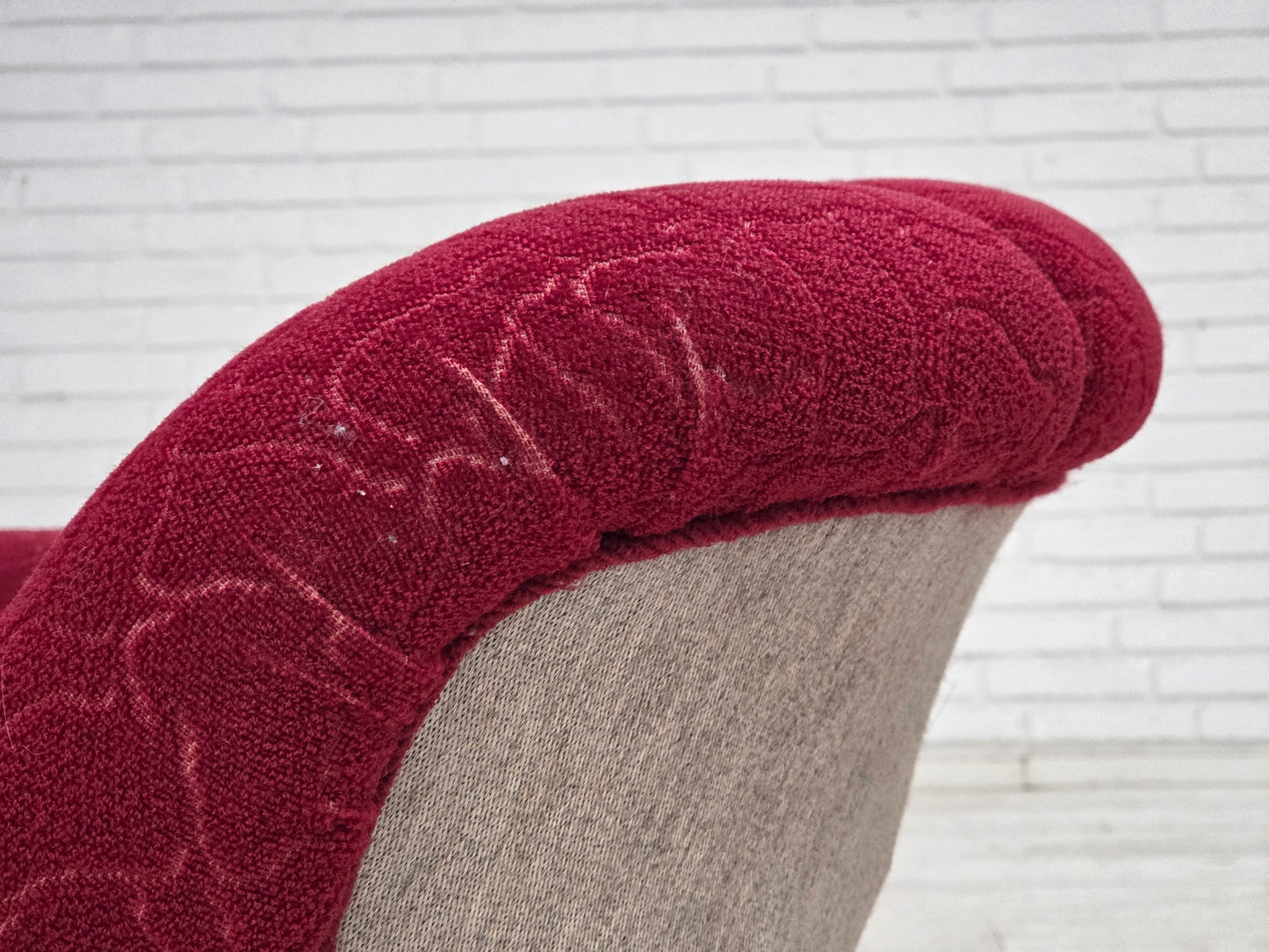 1950s, Danish armchair, red and light grey furniture wool, carved oak wood.