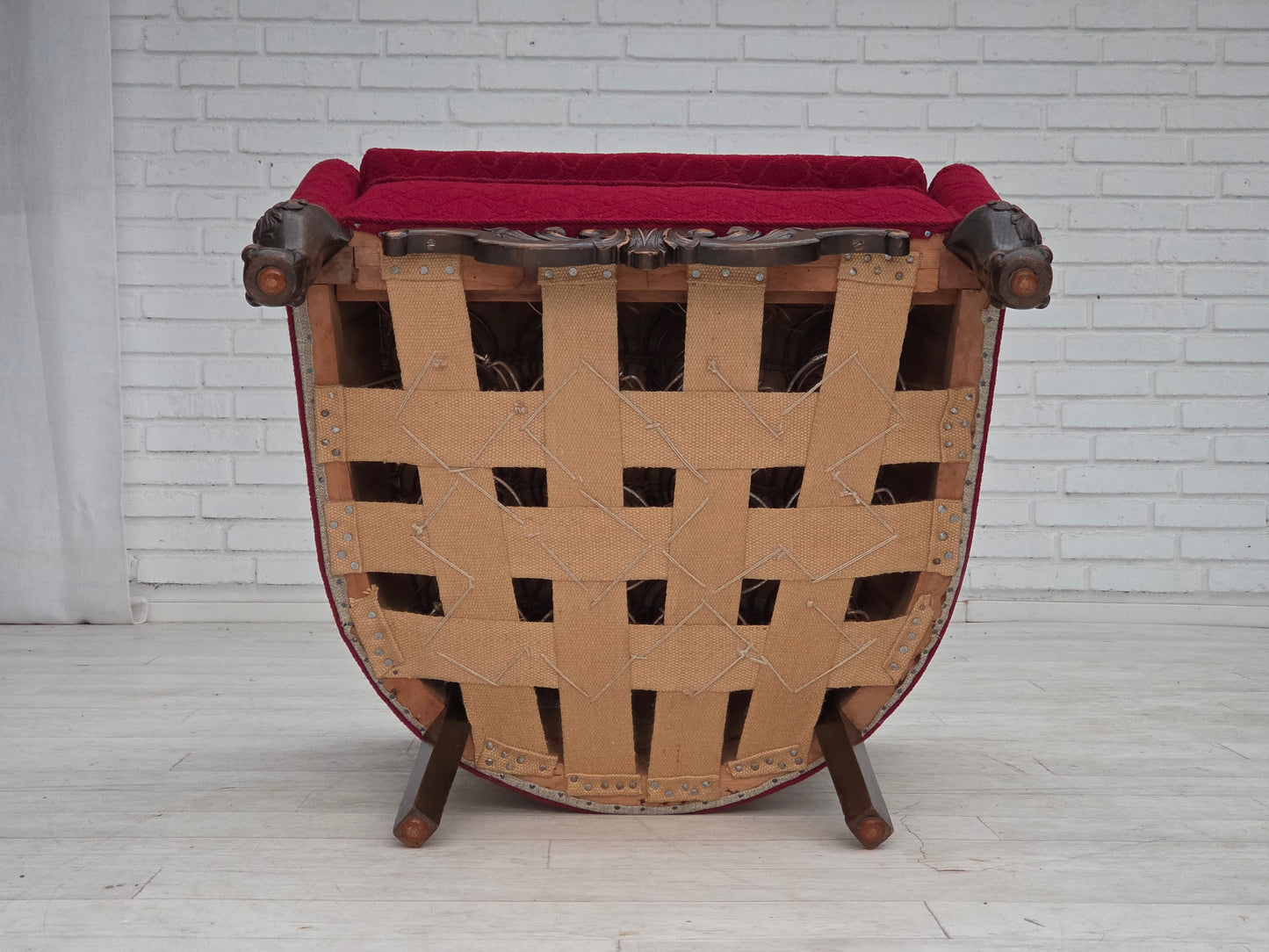 1950s, Danish armchair, red and light grey furniture wool, carved oak wood.