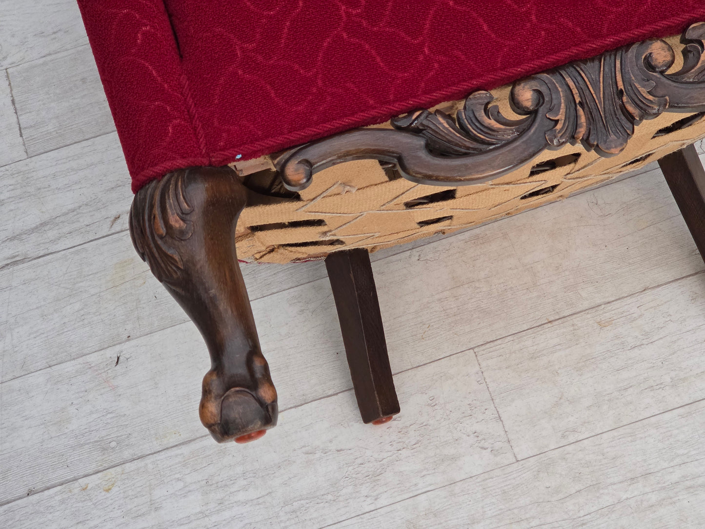 1950s, Danish armchair, red and light grey furniture wool, carved oak wood.