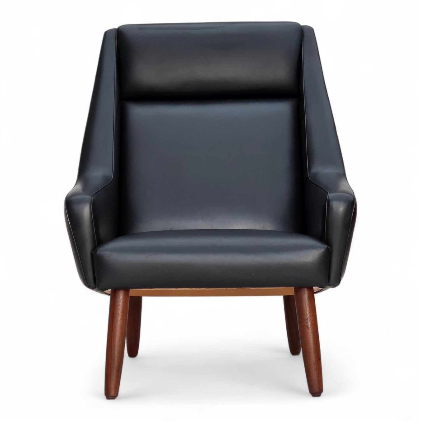 1970s, Danish highback armchair, black artificial leather, teak wood legs.