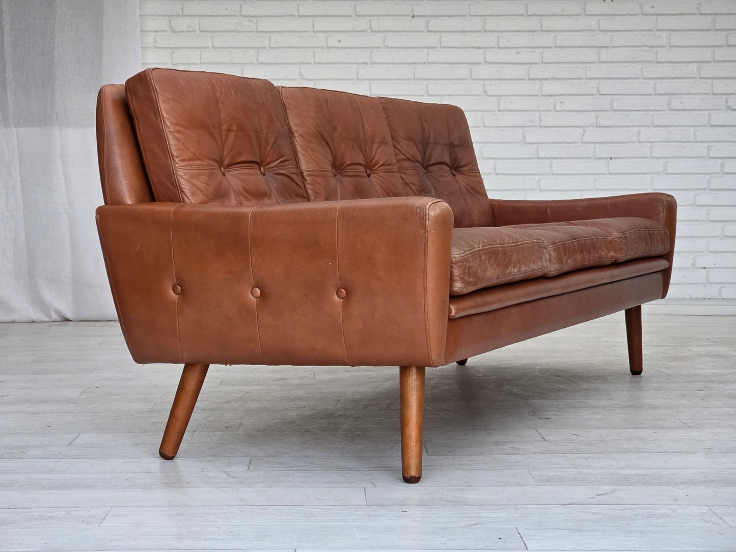 1970s, 3-seater Danish sofa, brown furniture leather with patina.