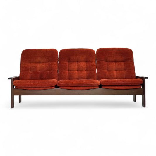 1970s, 3-seater Danish sofa, orange/red furniture velour, oak wood.
