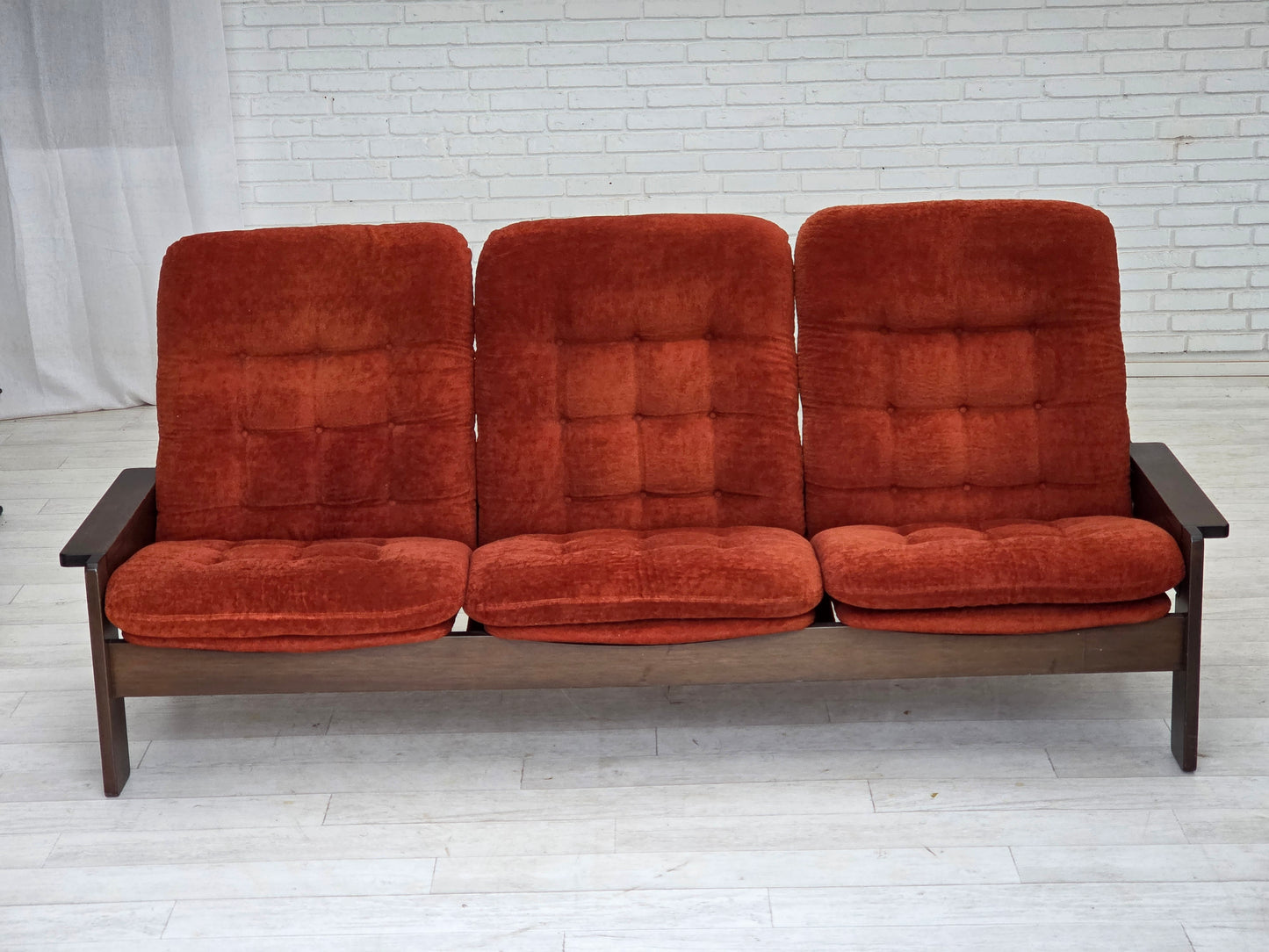 1970s, 3-seater Danish sofa, orange/red furniture velour, oak wood.