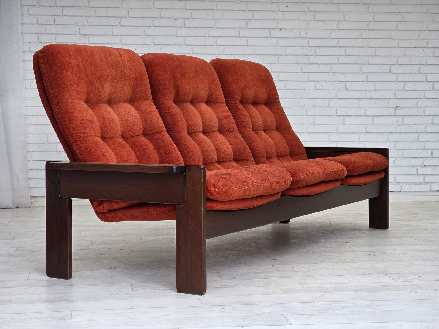 1970s, 3-seater Danish sofa, orange/red furniture velour, oak wood.