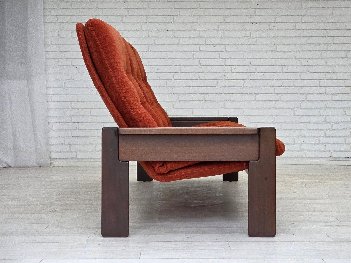 1970s, 3-seater Danish sofa, orange/red furniture velour, oak wood.