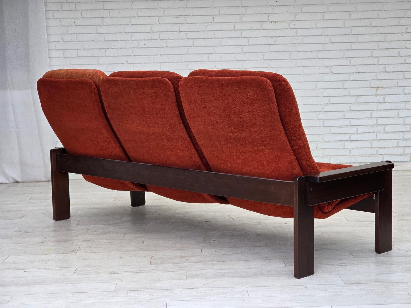 1970s, 3-seater Danish sofa, orange/red furniture velour, oak wood.