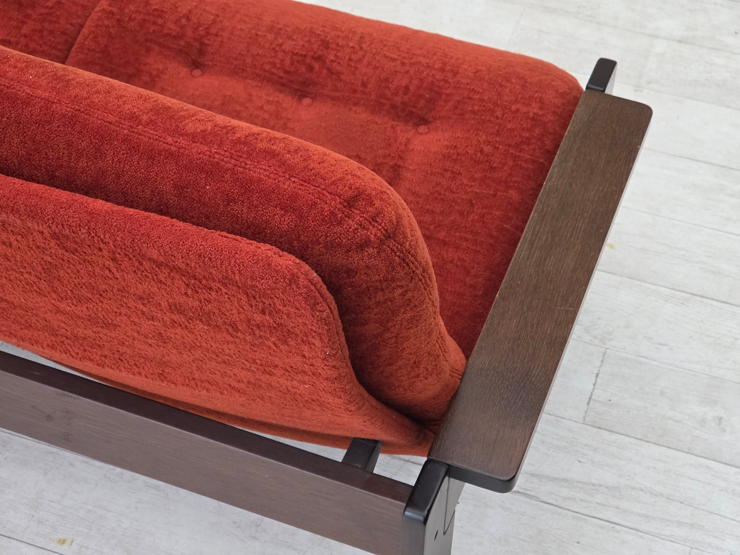 1970s, 3-seater Danish sofa, orange/red furniture velour, oak wood.