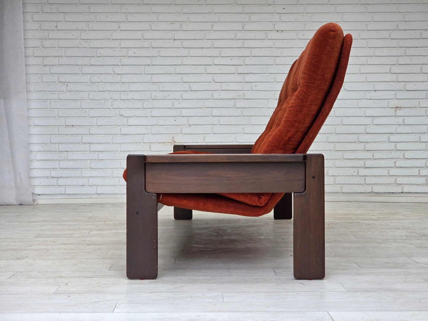 1970s, 3-seater Danish sofa, orange/red furniture velour, oak wood.