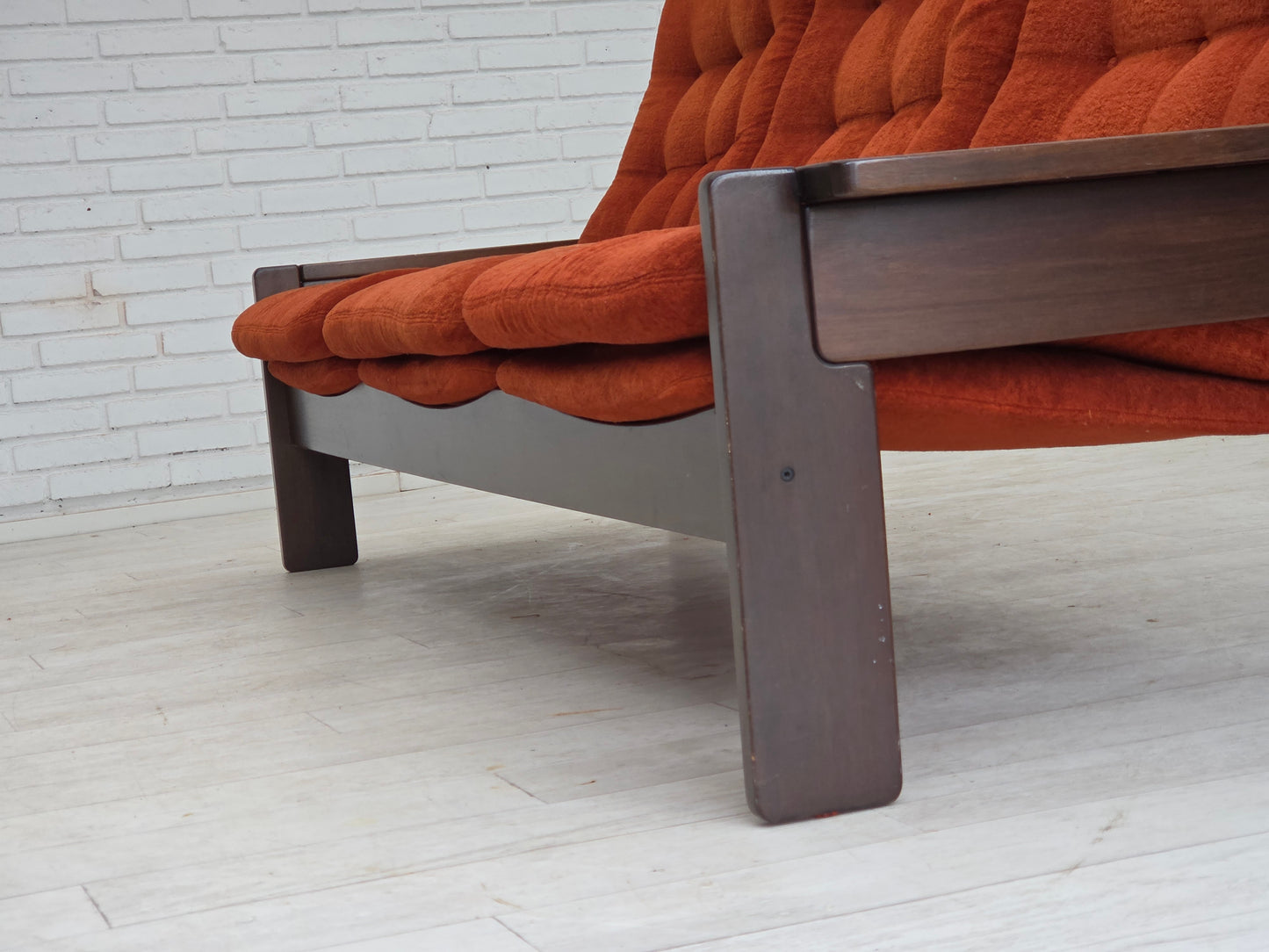 1970s, 3-seater Danish sofa, orange/red furniture velour, oak wood.