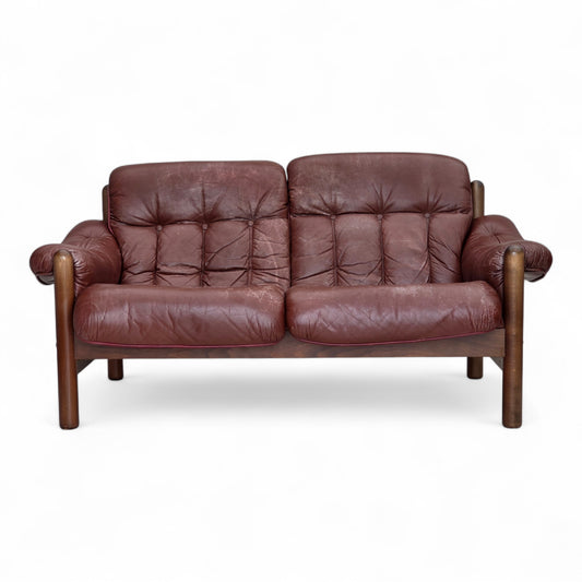 1970s, 2-seater Swedish sofa, brown leather with patina, dark beech wood.