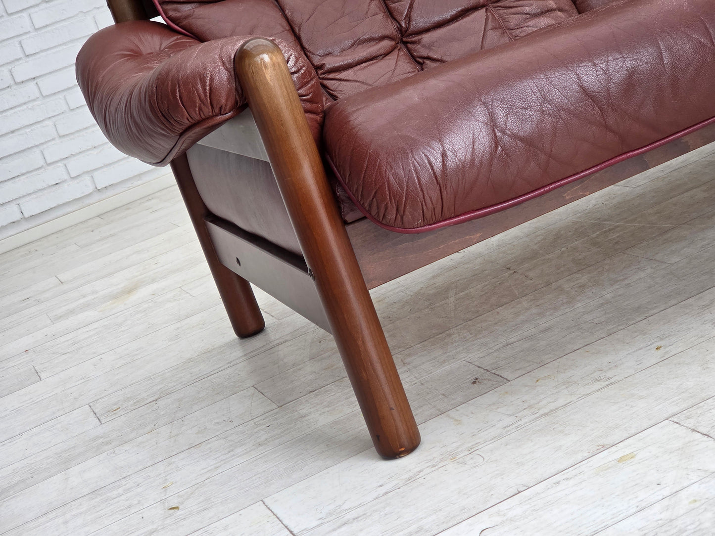 1970s, 2-seater Swedish sofa, brown leather with patina, dark beech wood.
