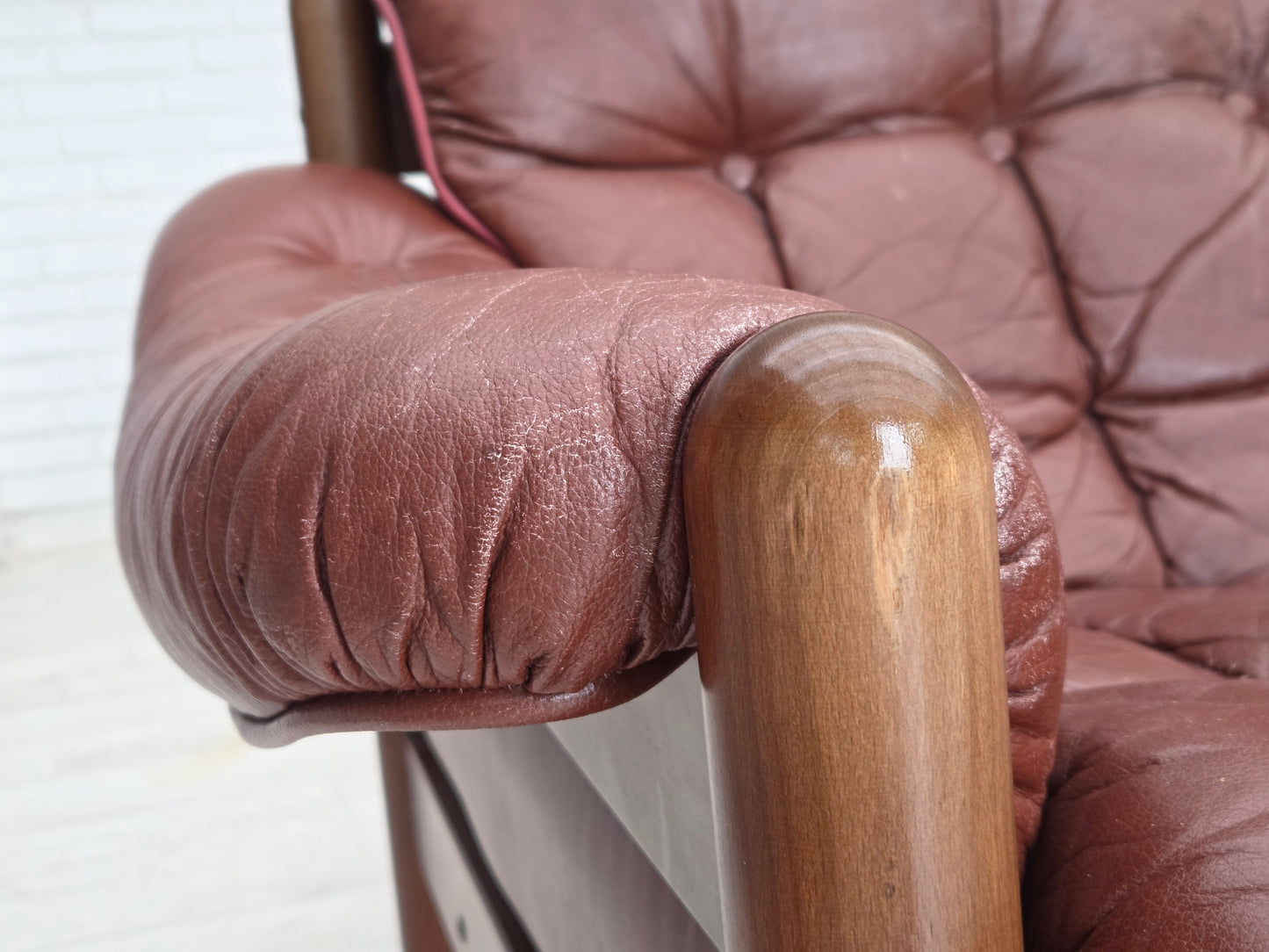 1970s, 2-seater Swedish sofa, brown leather with patina, dark beech wood.