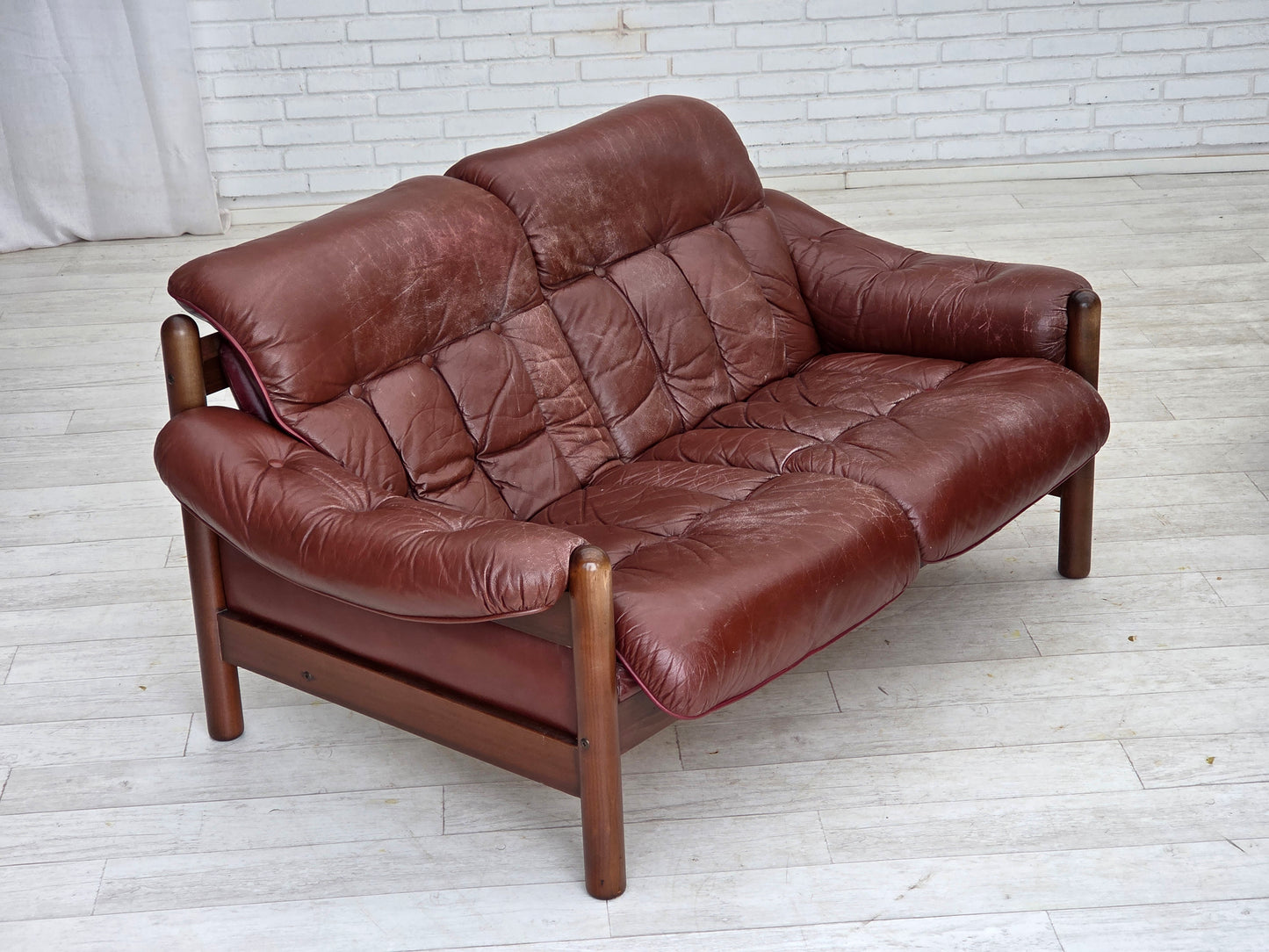 1970s, 2-seater Swedish sofa, brown leather with patina, dark beech wood.