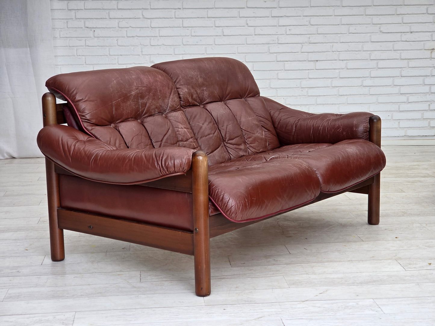 1970s, 2-seater Swedish sofa, brown leather with patina, dark beech wood.