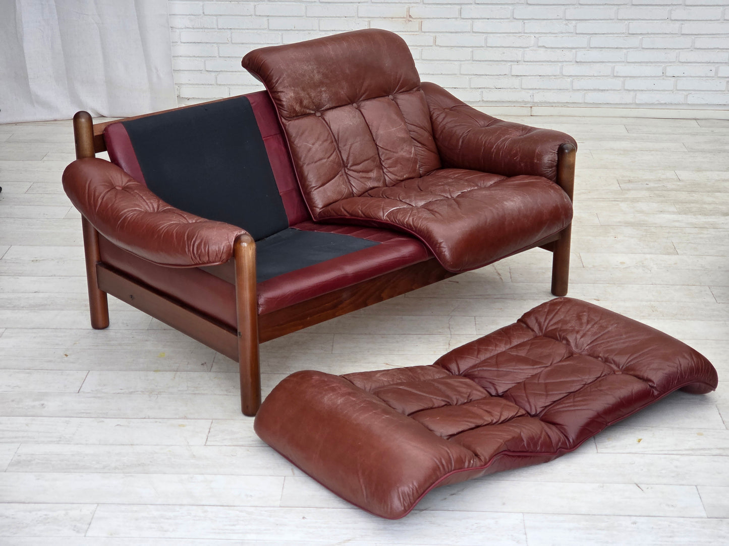 1970s, 2-seater Swedish sofa, brown leather with patina, dark beech wood.