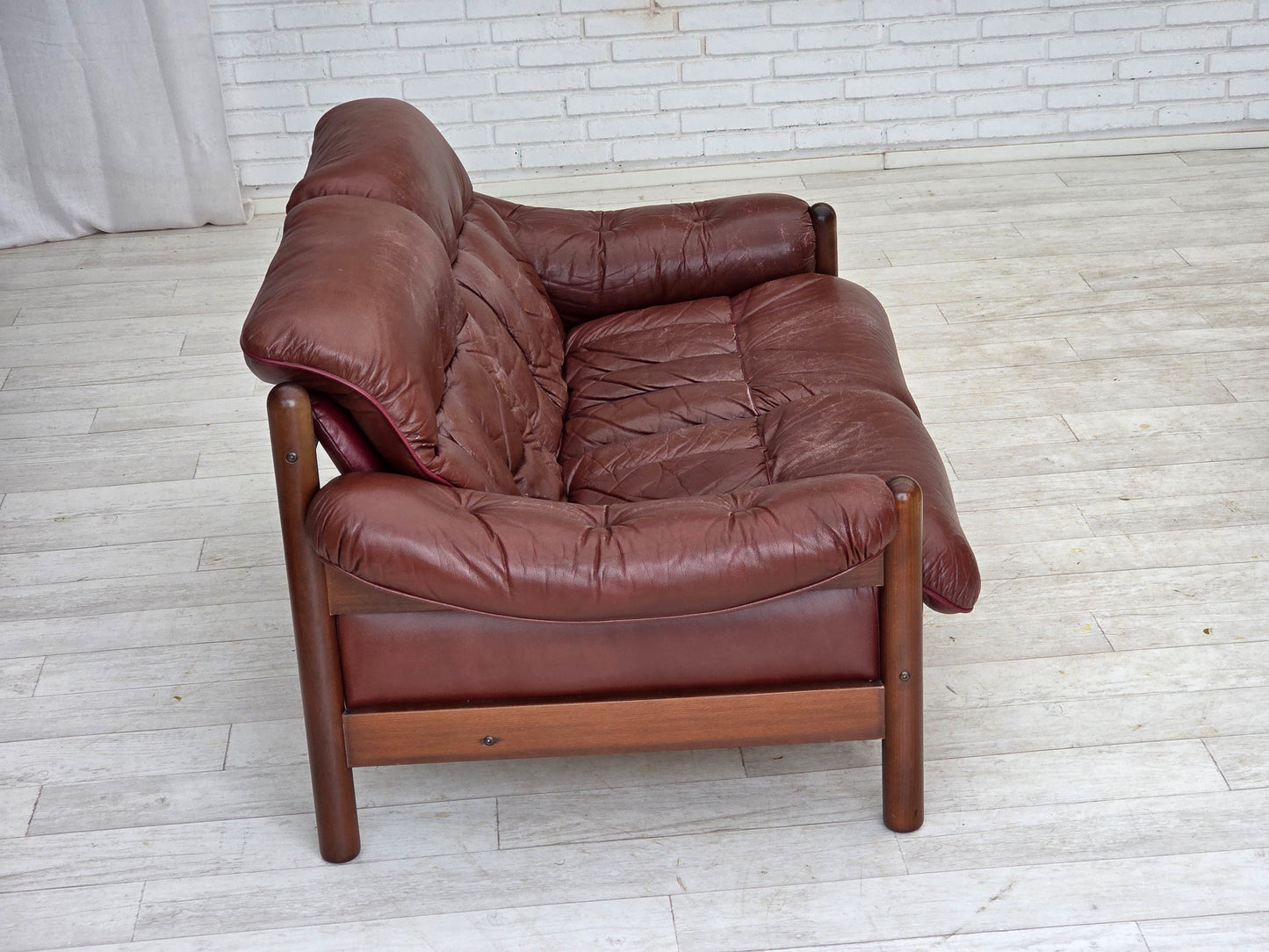 1970s, 2-seater Swedish sofa, brown leather with patina, dark beech wood.
