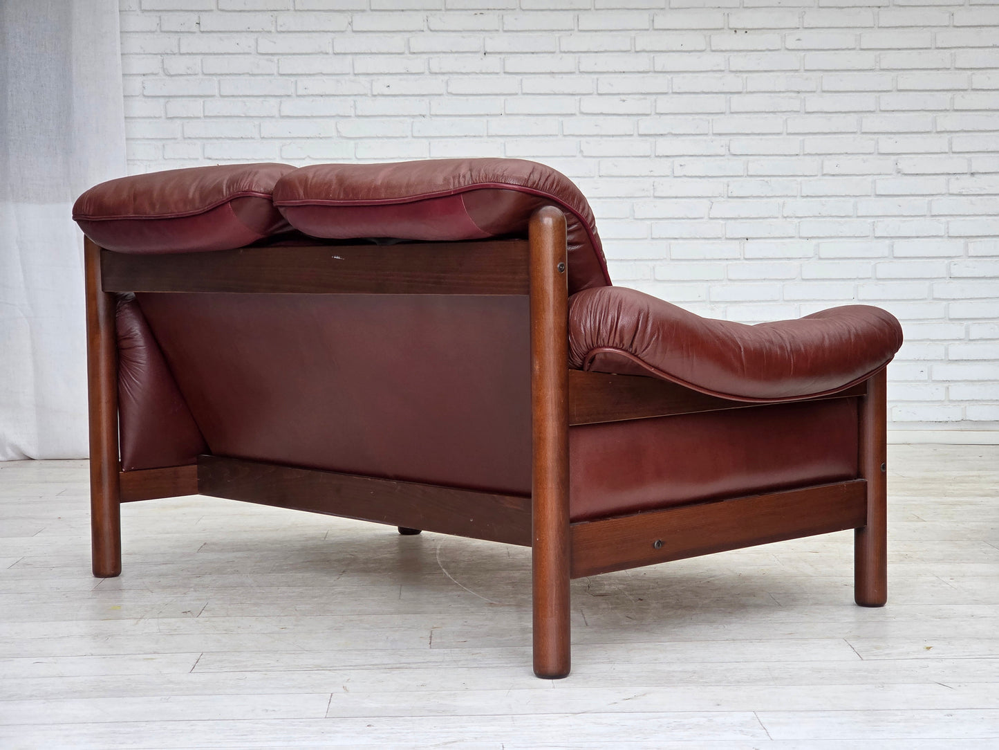 1970s, 2-seater Swedish sofa, brown leather with patina, dark beech wood.