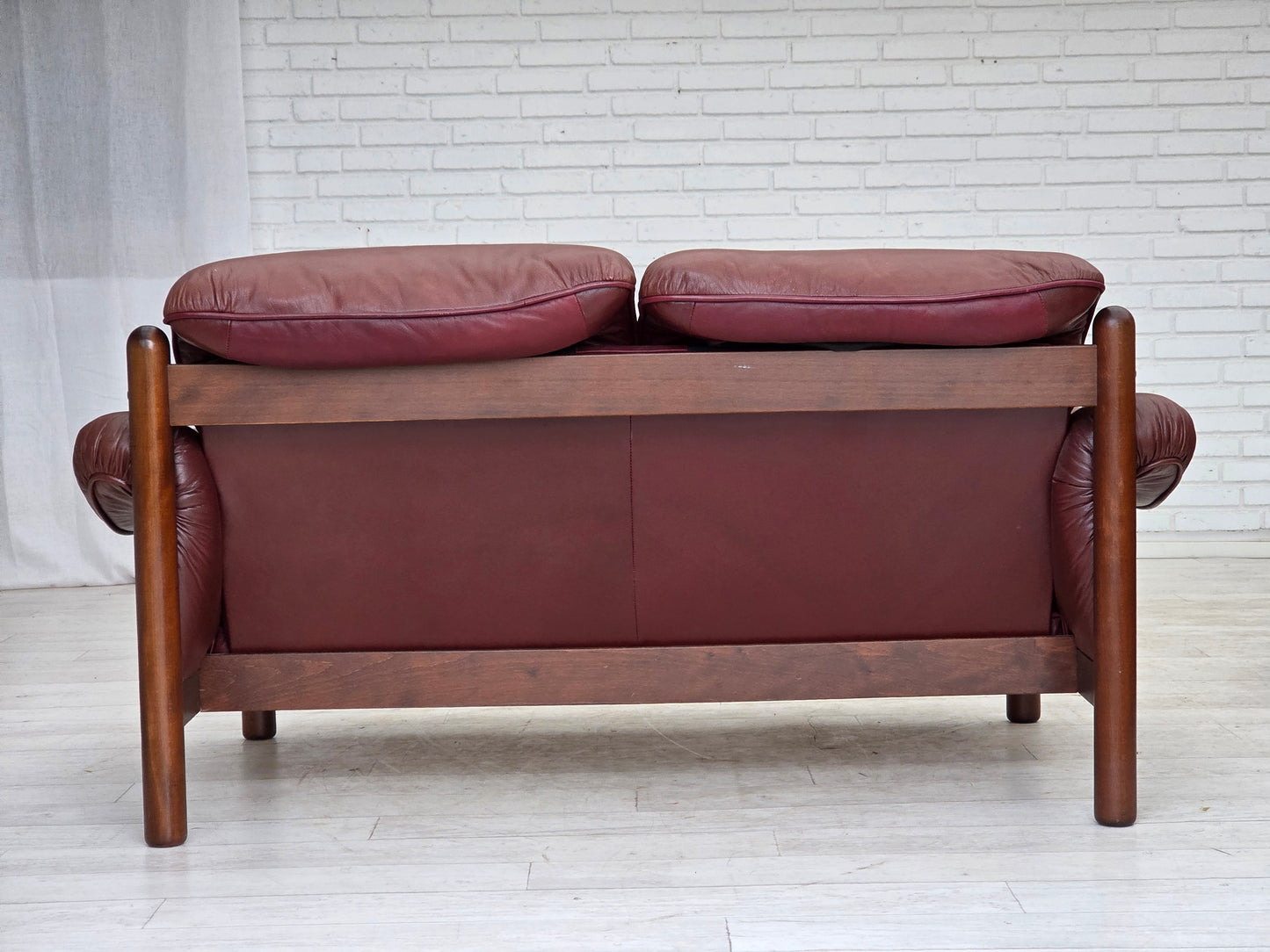 1970s, 2-seater Swedish sofa, brown leather with patina, dark beech wood.