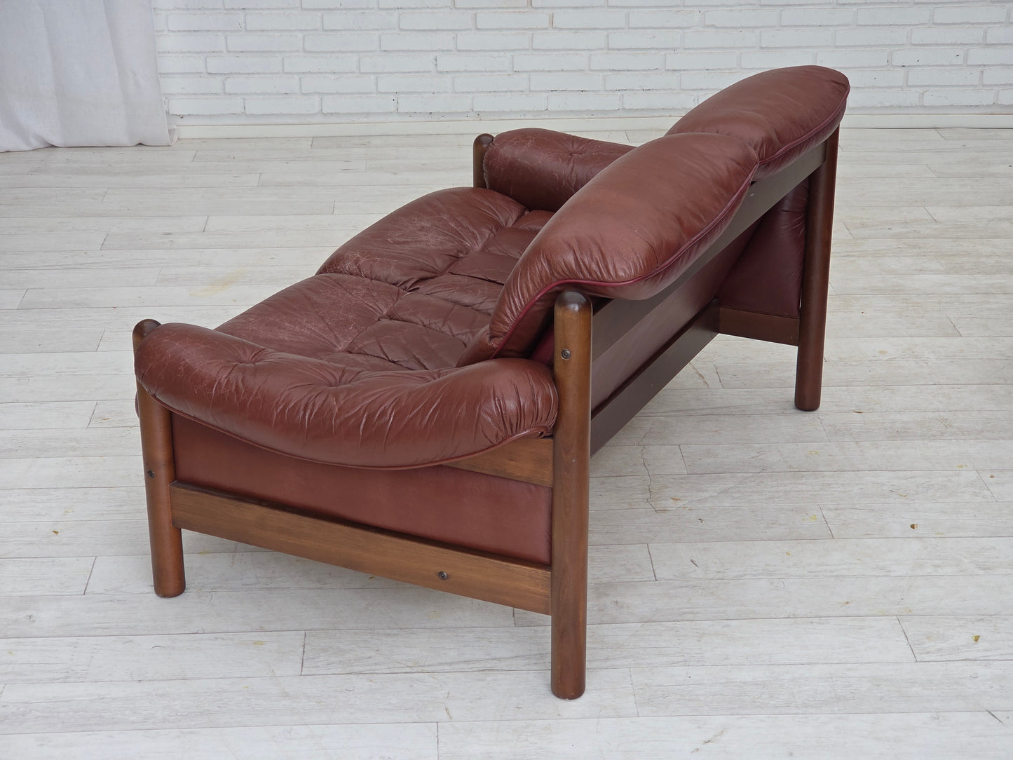 1970s, 2-seater Swedish sofa, brown leather with patina, dark beech wood.