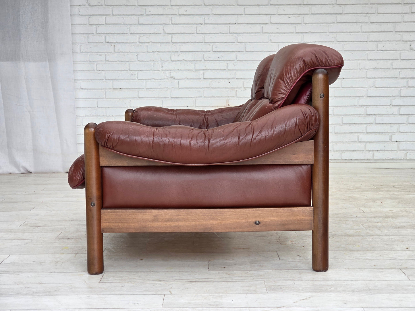 1970s, 2-seater Swedish sofa, brown leather with patina, dark beech wood.