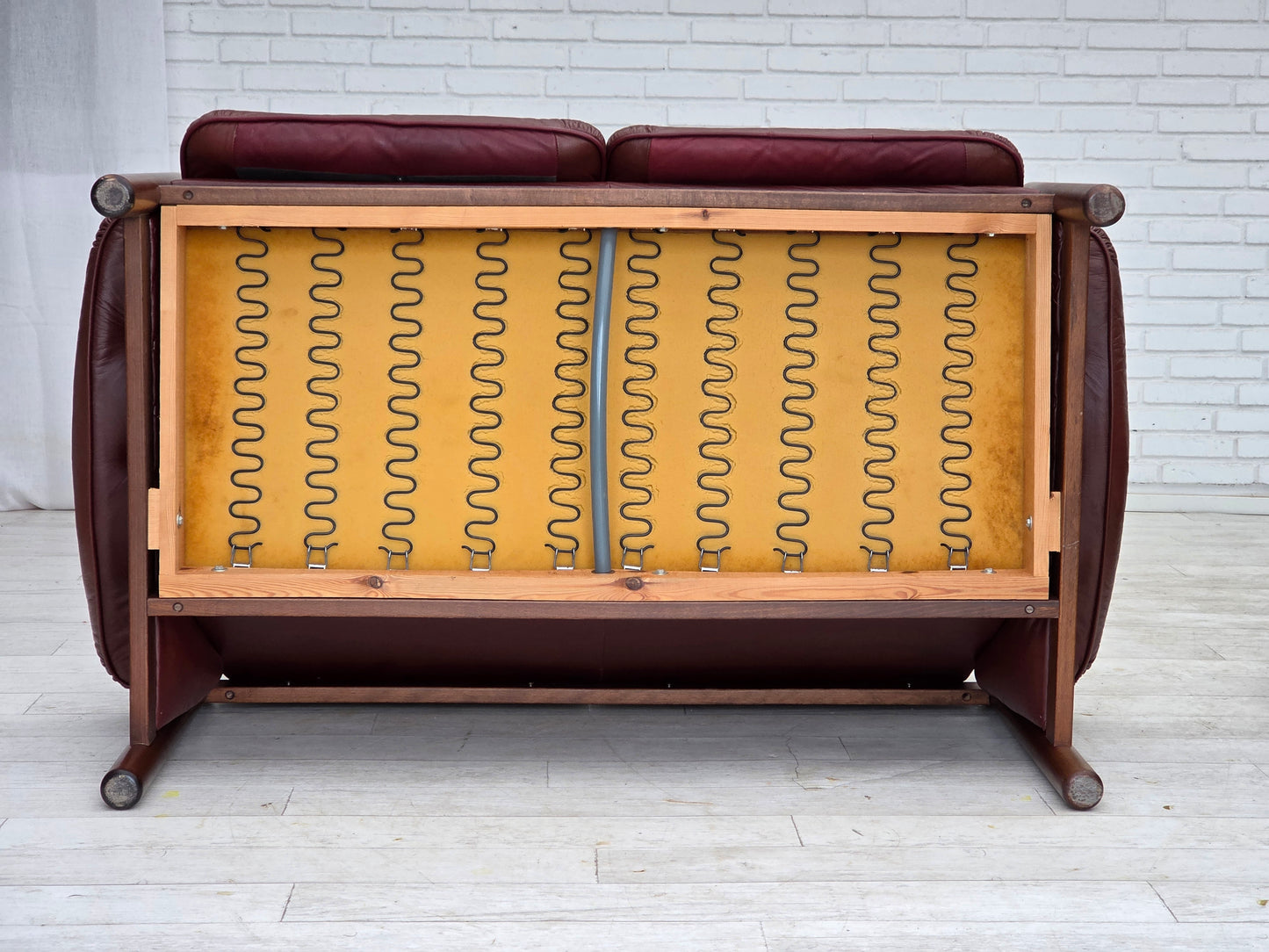 1970s, 2-seater Swedish sofa, brown leather with patina, dark beech wood.