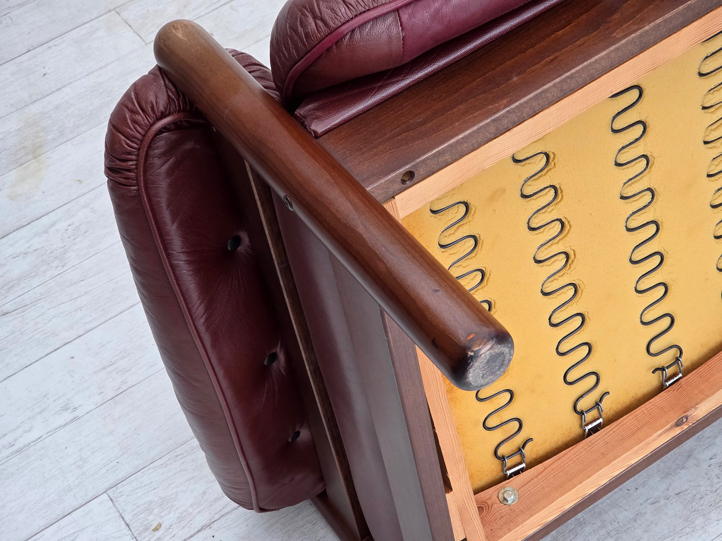 1970s, 2-seater Swedish sofa, brown leather with patina, dark beech wood.