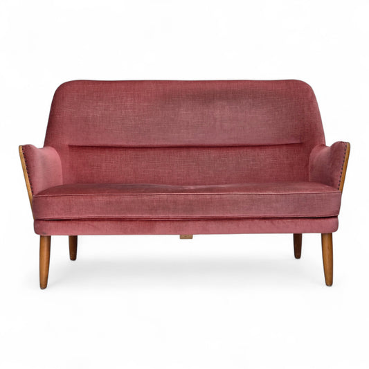 1970s, 2-seater Swedish sofa, pink furniture velour, beech wood.