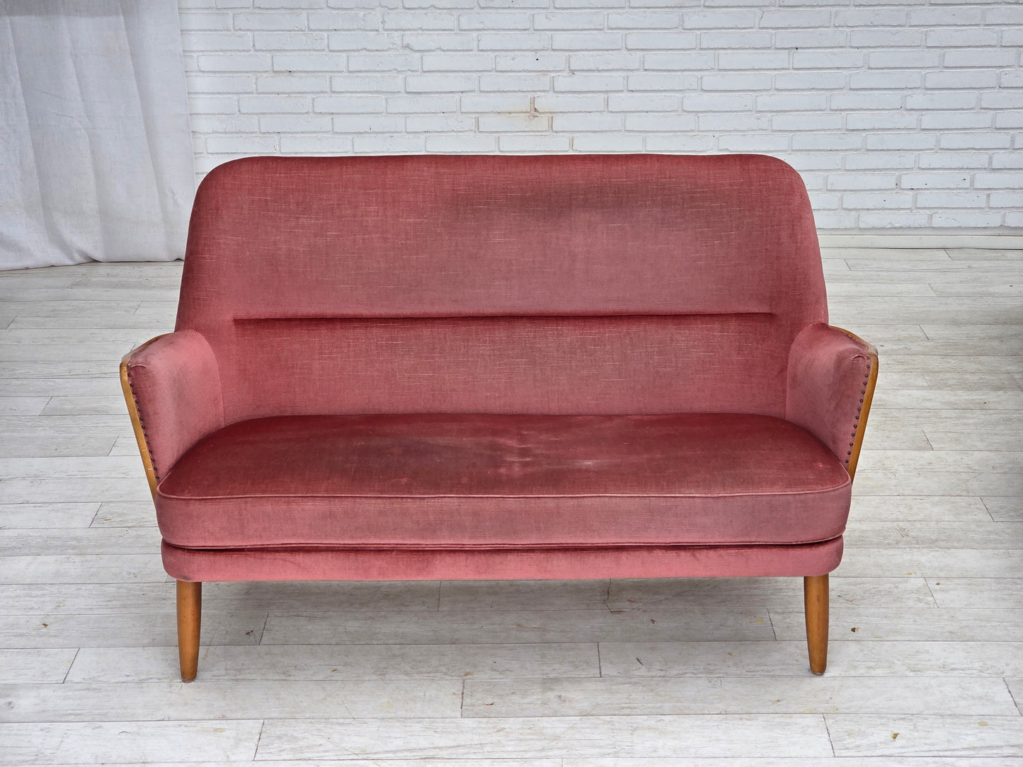 1970s, 2-seater Swedish sofa, pink furniture velour, beech wood.