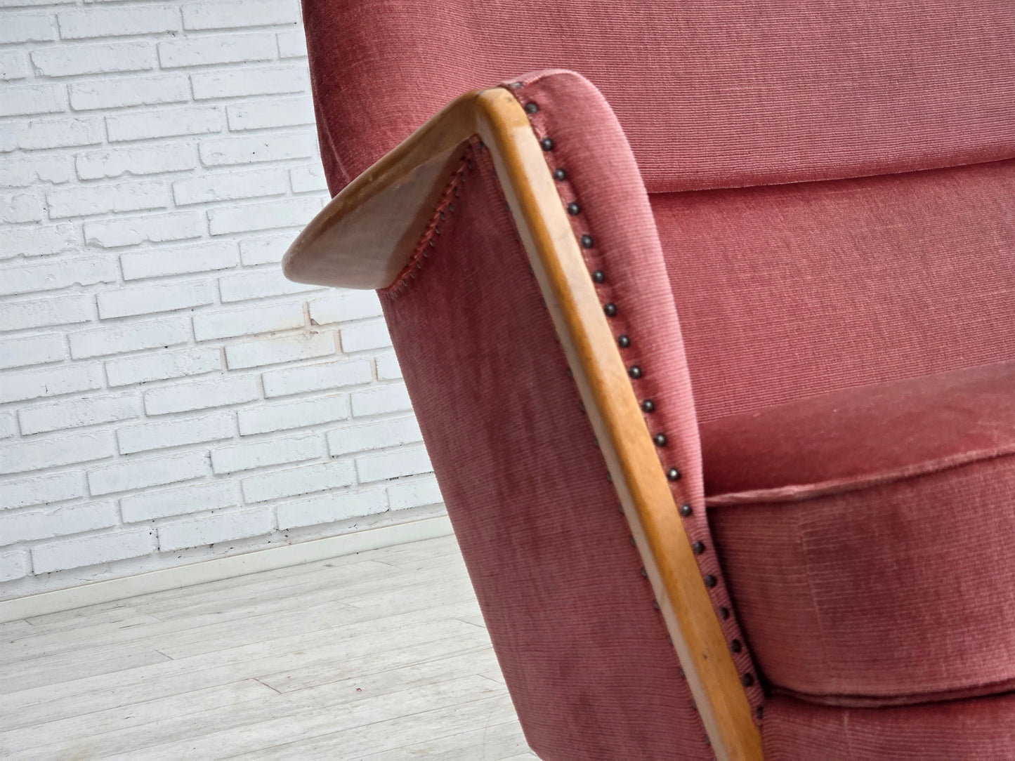 1970s, 2-seater Swedish sofa, pink furniture velour, beech wood.