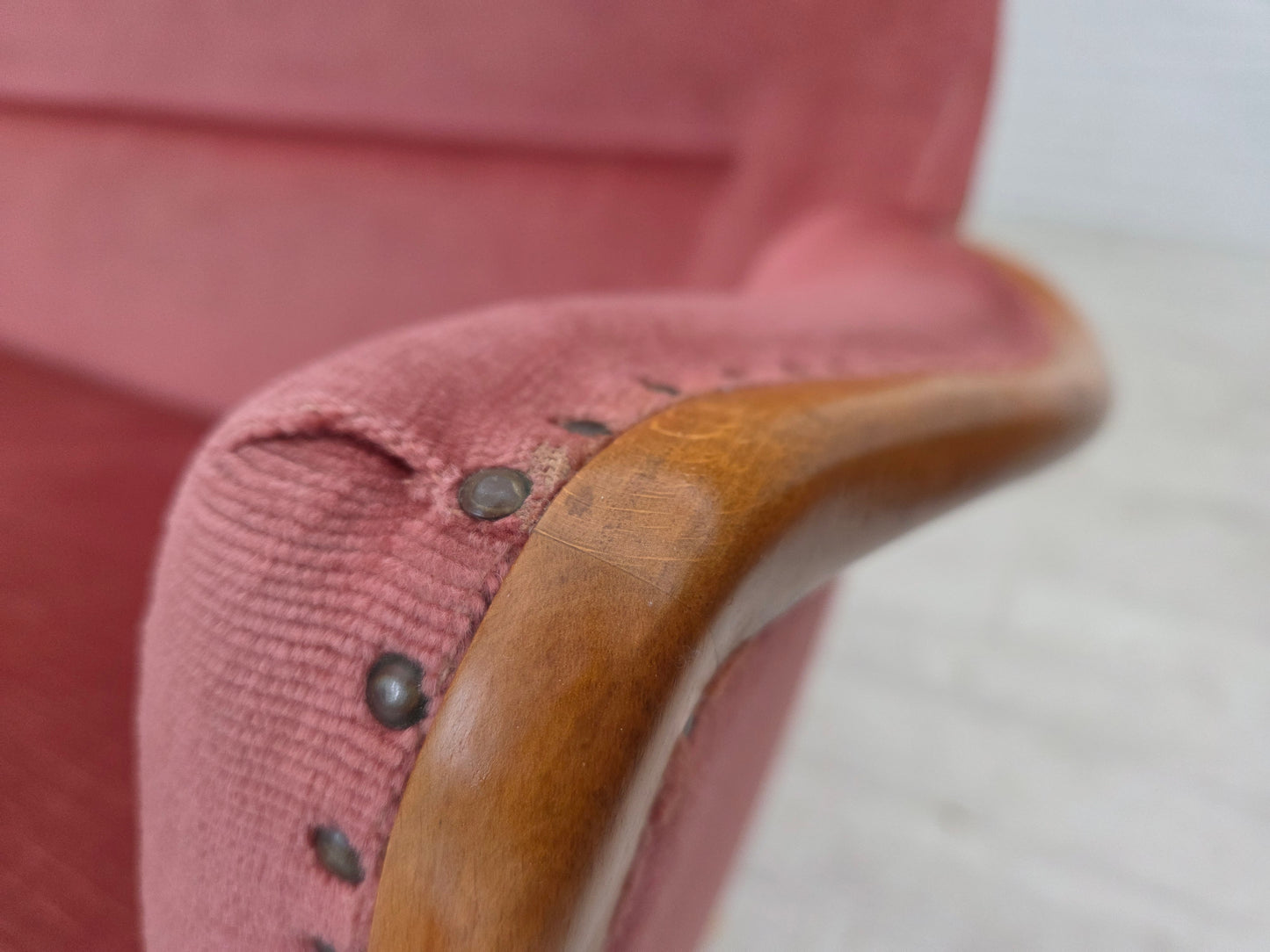 1970s, 2-seater Swedish sofa, pink furniture velour, beech wood.
