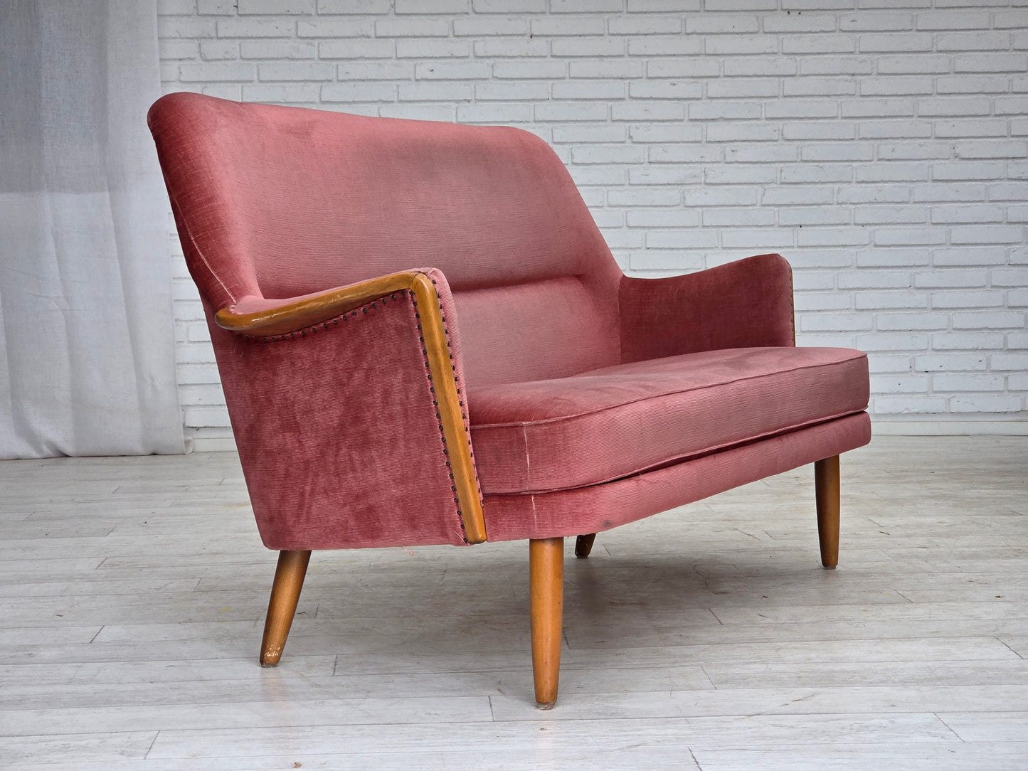1970s, 2-seater Swedish sofa, pink furniture velour, beech wood.