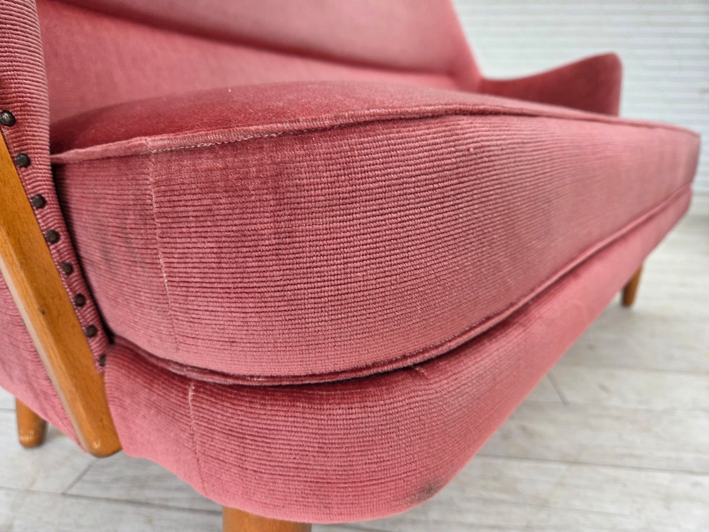 1970s, 2-seater Swedish sofa, pink furniture velour, beech wood.