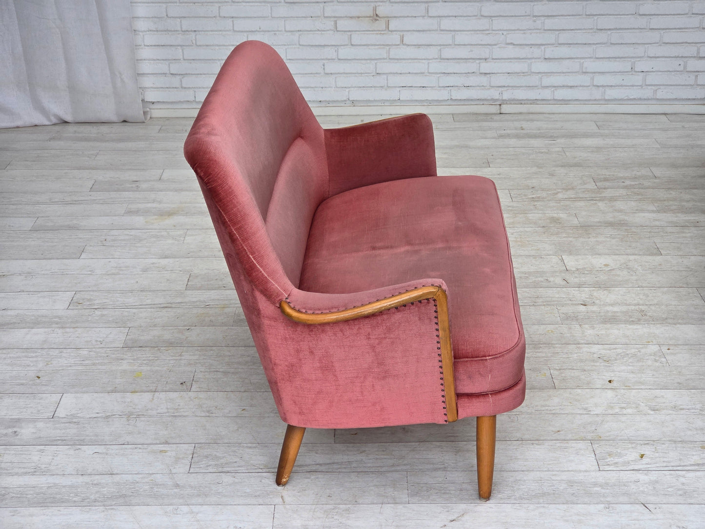 1970s, 2-seater Swedish sofa, pink furniture velour, beech wood.