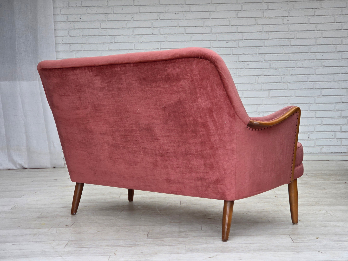 1970s, 2-seater Swedish sofa, pink furniture velour, beech wood.