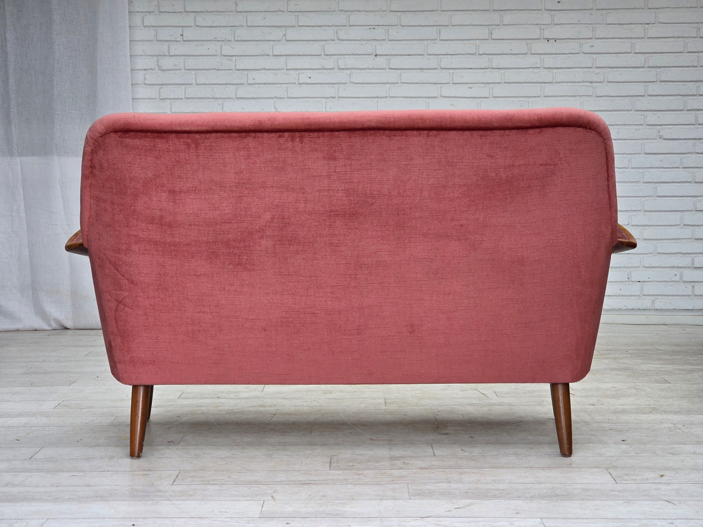 1970s, 2-seater Swedish sofa, pink furniture velour, beech wood.