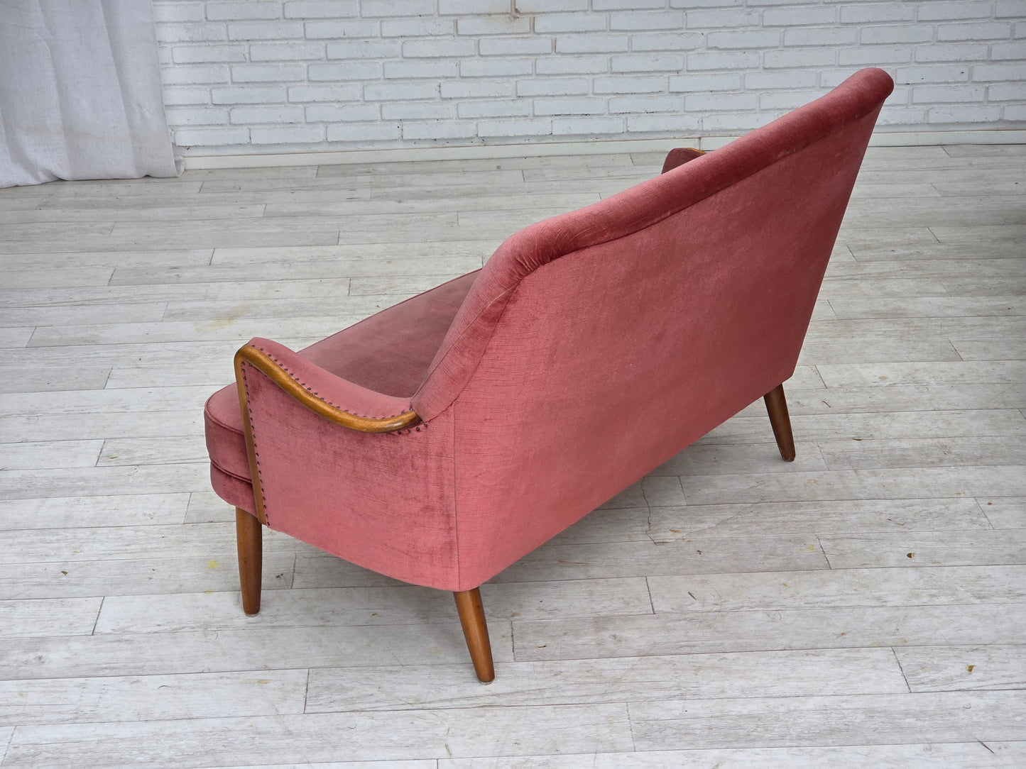 1970s, 2-seater Swedish sofa, pink furniture velour, beech wood.