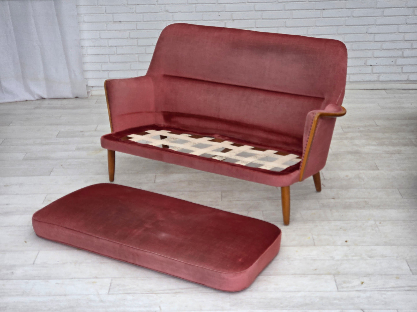 1970s, 2-seater Swedish sofa, pink furniture velour, beech wood.