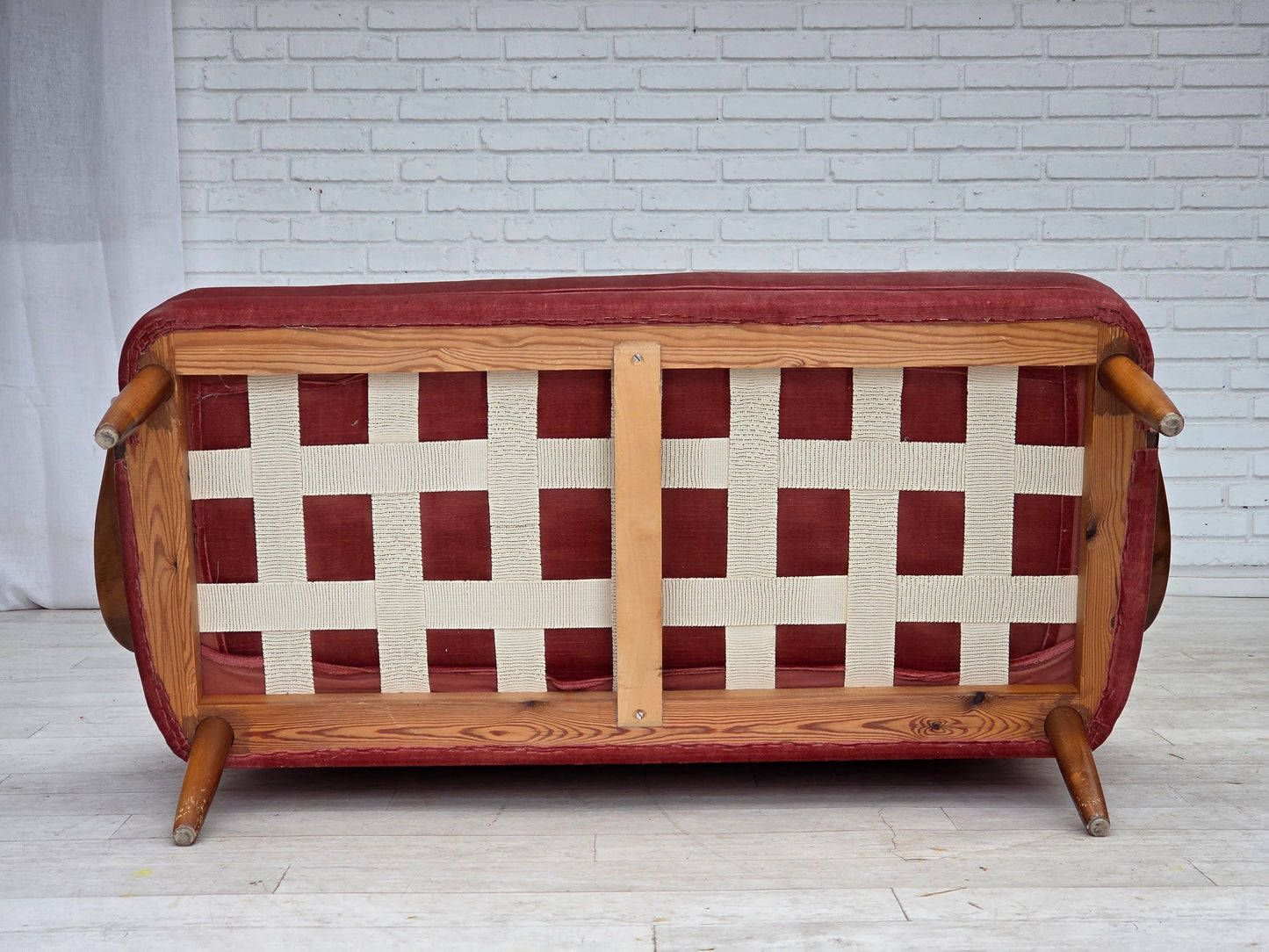 1970s, 2-seater Swedish sofa, pink furniture velour, beech wood.