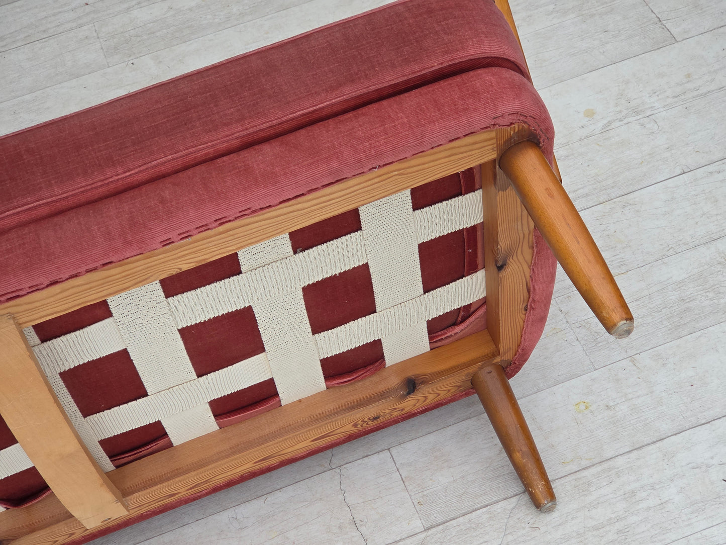 1970s, 2-seater Swedish sofa, pink furniture velour, beech wood.