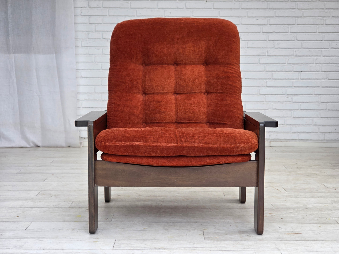 1970s, Danish armchair, orange/red furniture velour, dark oak wood.