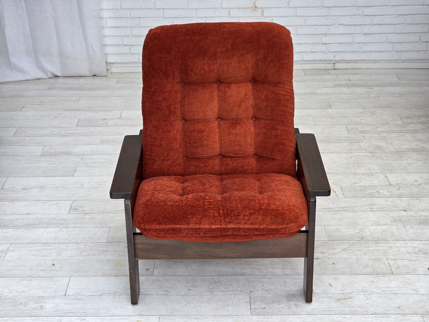 1970s, Danish armchair, orange/red furniture velour, dark oak wood.