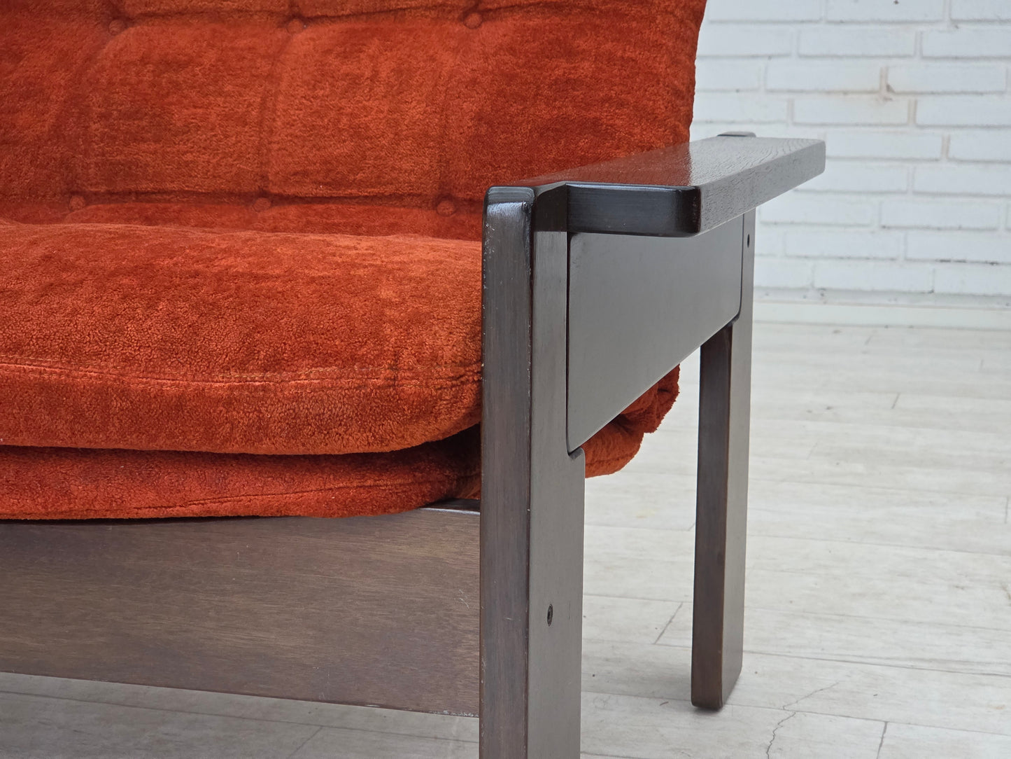 1970s, Danish armchair, orange/red furniture velour, dark oak wood.