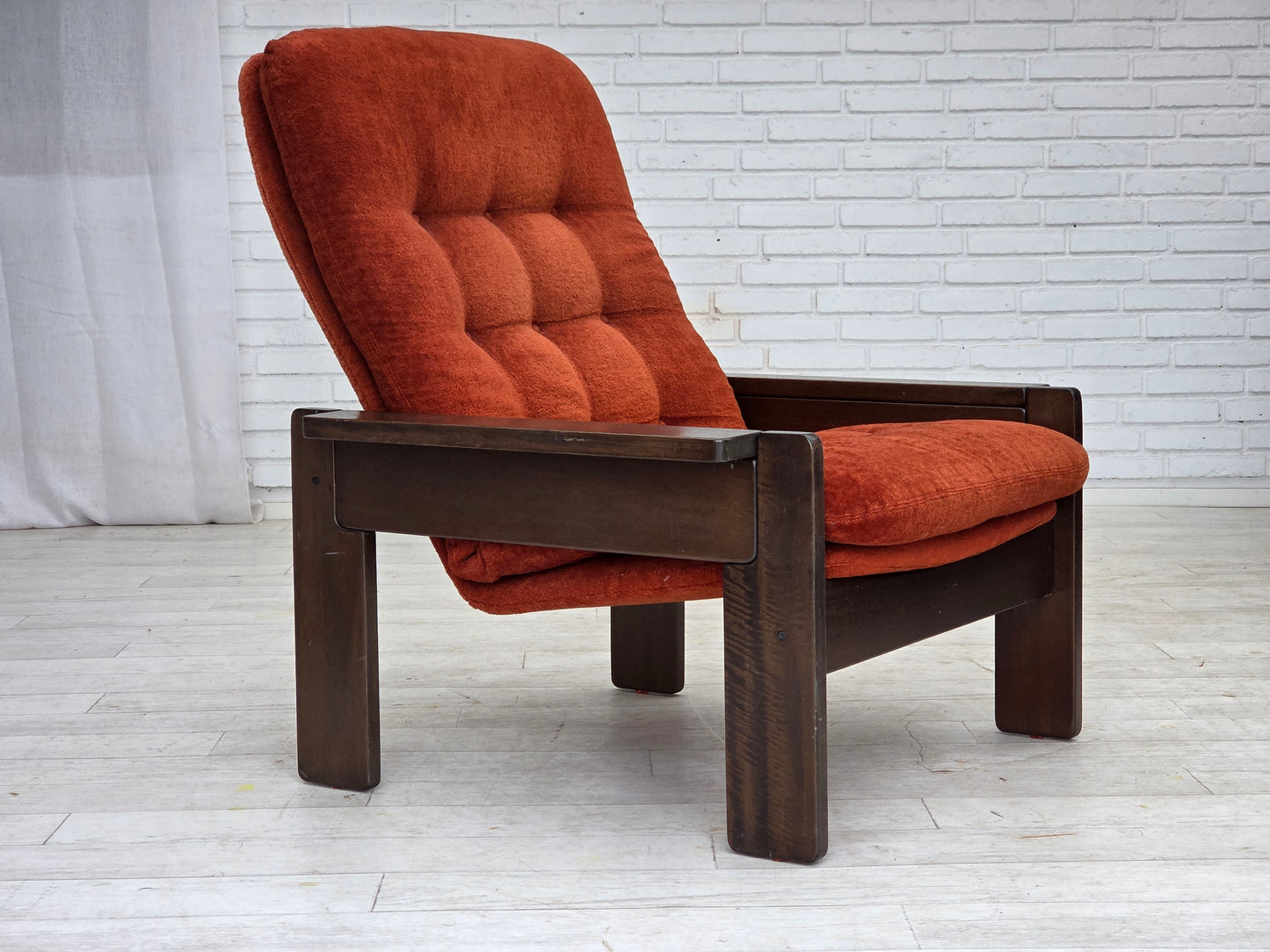 1970s, Danish armchair, orange/red furniture velour, dark oak wood.