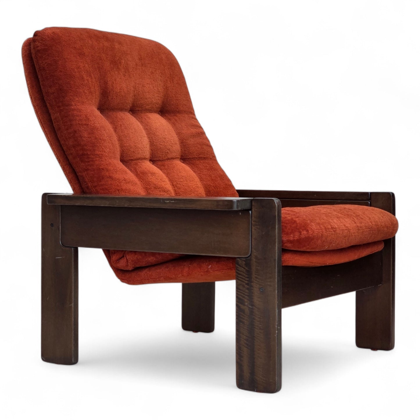 1970s, Danish armchair, orange/red furniture velour, dark oak wood.