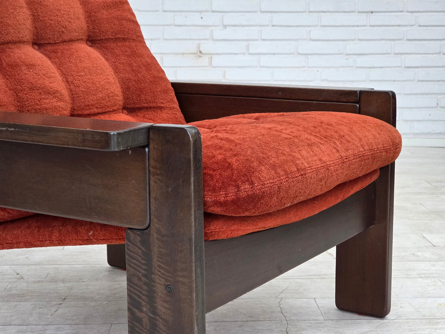 1970s, Danish armchair, orange/red furniture velour, dark oak wood.