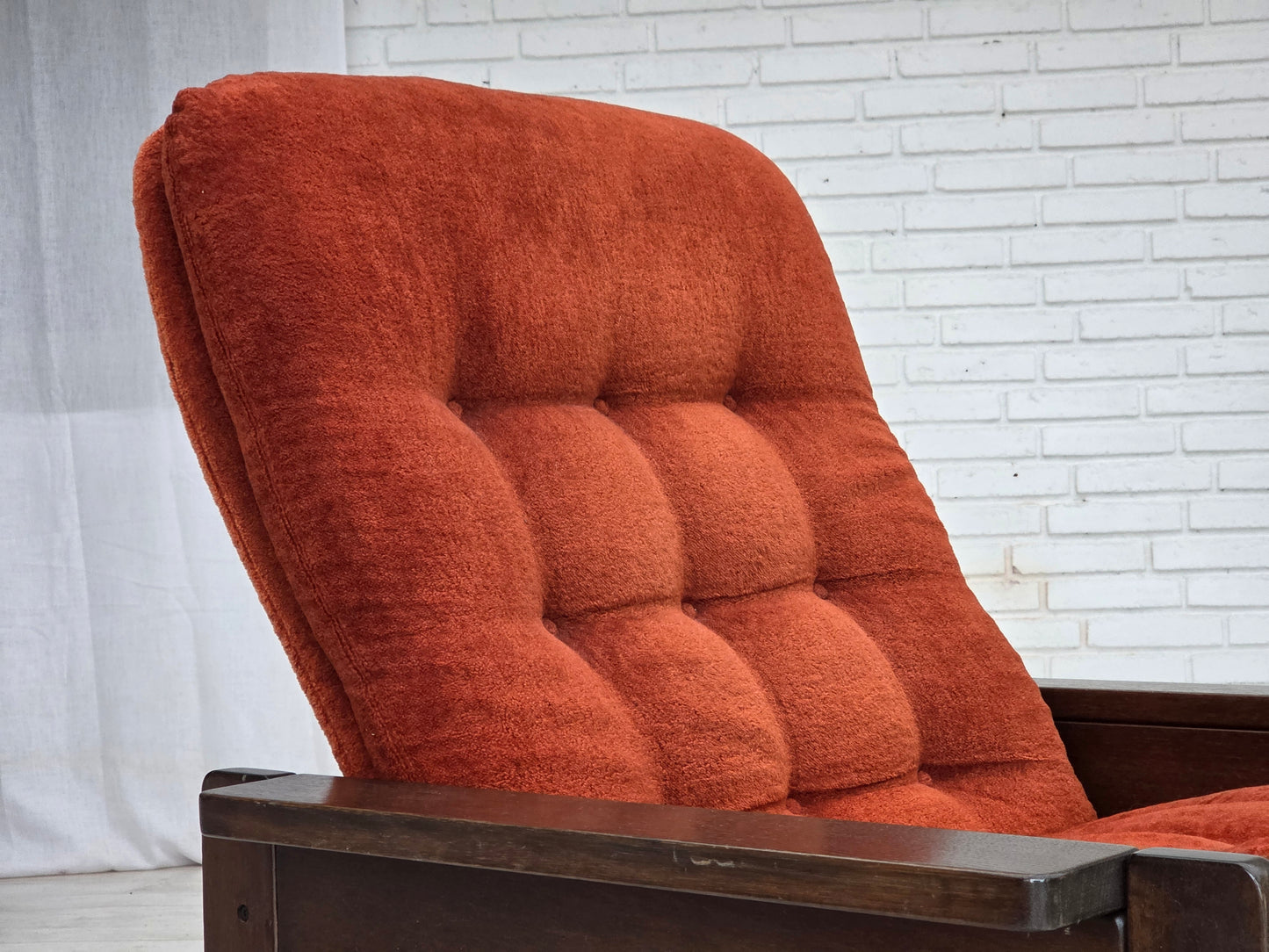 1970s, Danish armchair, orange/red furniture velour, dark oak wood.