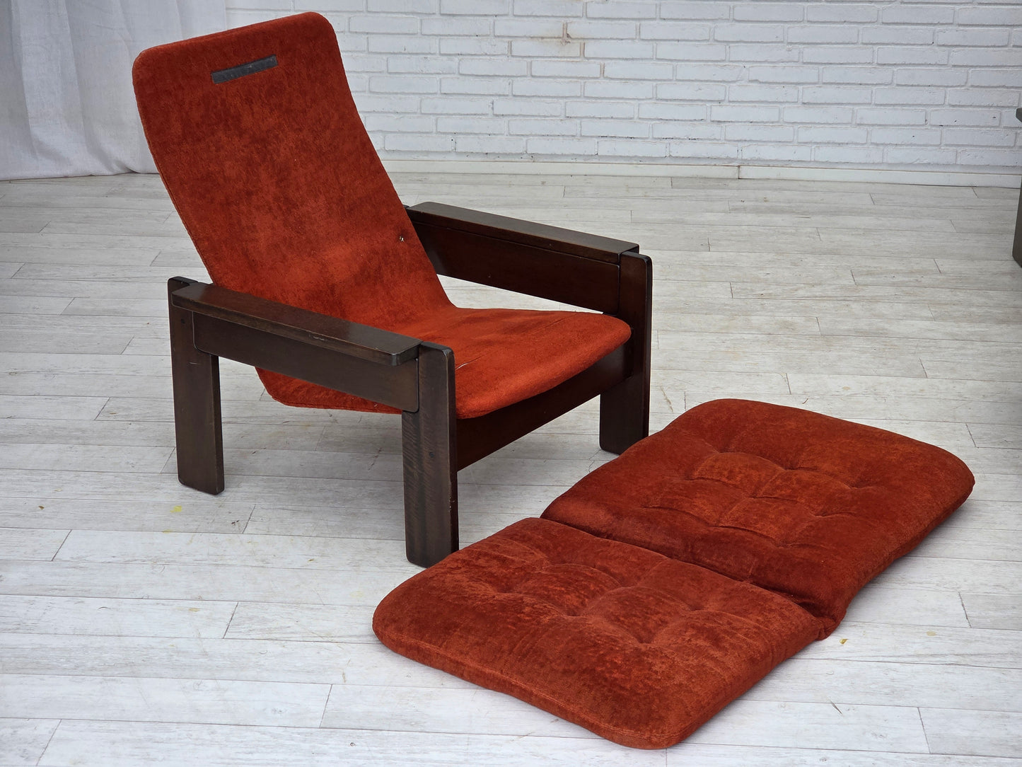 1970s, Danish armchair, orange/red furniture velour, dark oak wood.