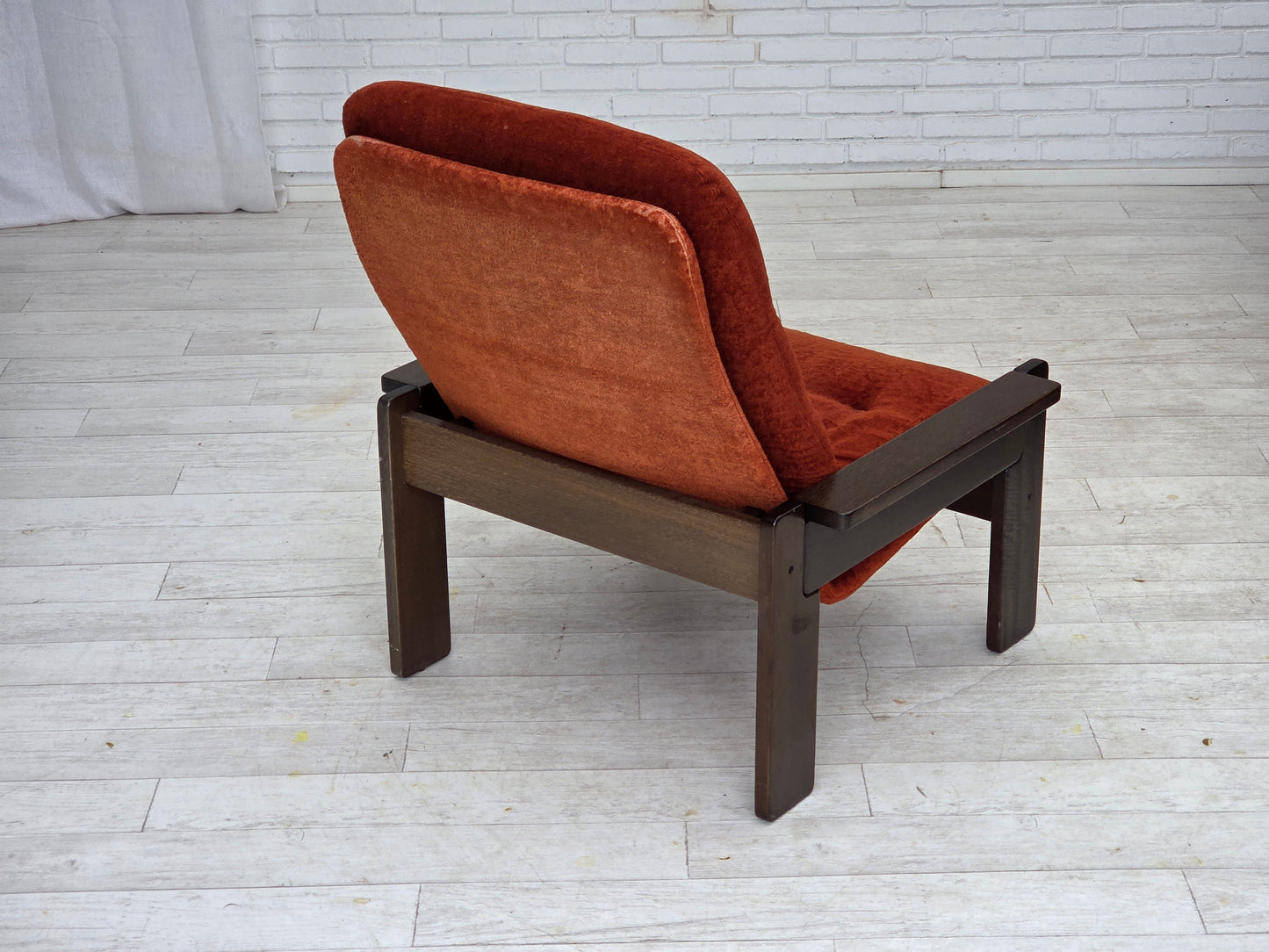 1970s, Danish armchair, orange/red furniture velour, dark oak wood.