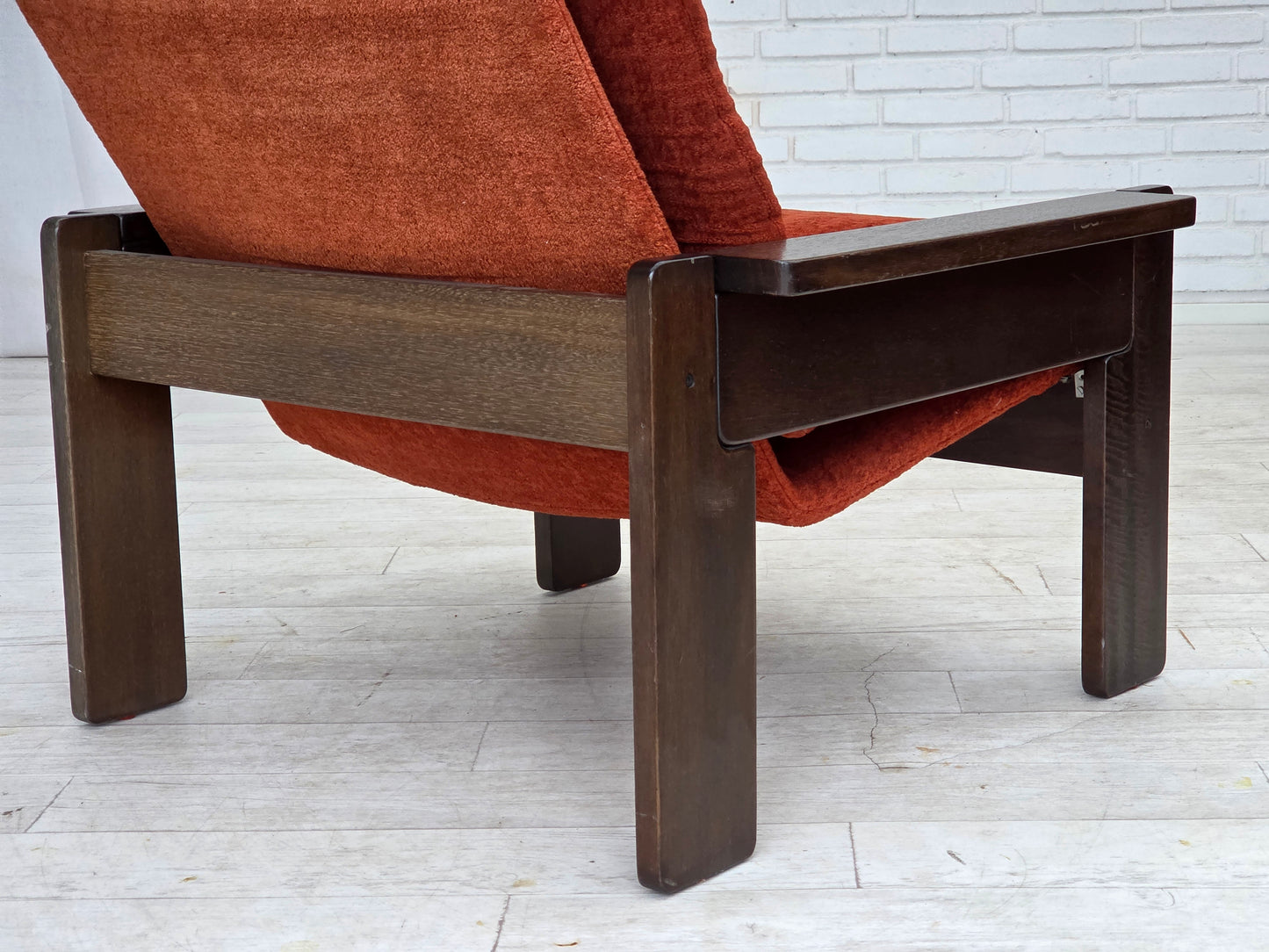 1970s, Danish armchair, orange/red furniture velour, dark oak wood.